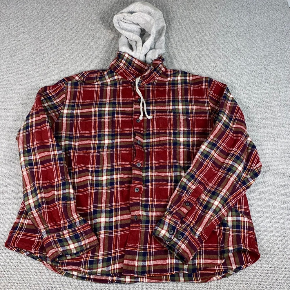 True Craft Hooded Flannel Shirt Mens XXL Red Plaid Long Sleeve Button Up Casual